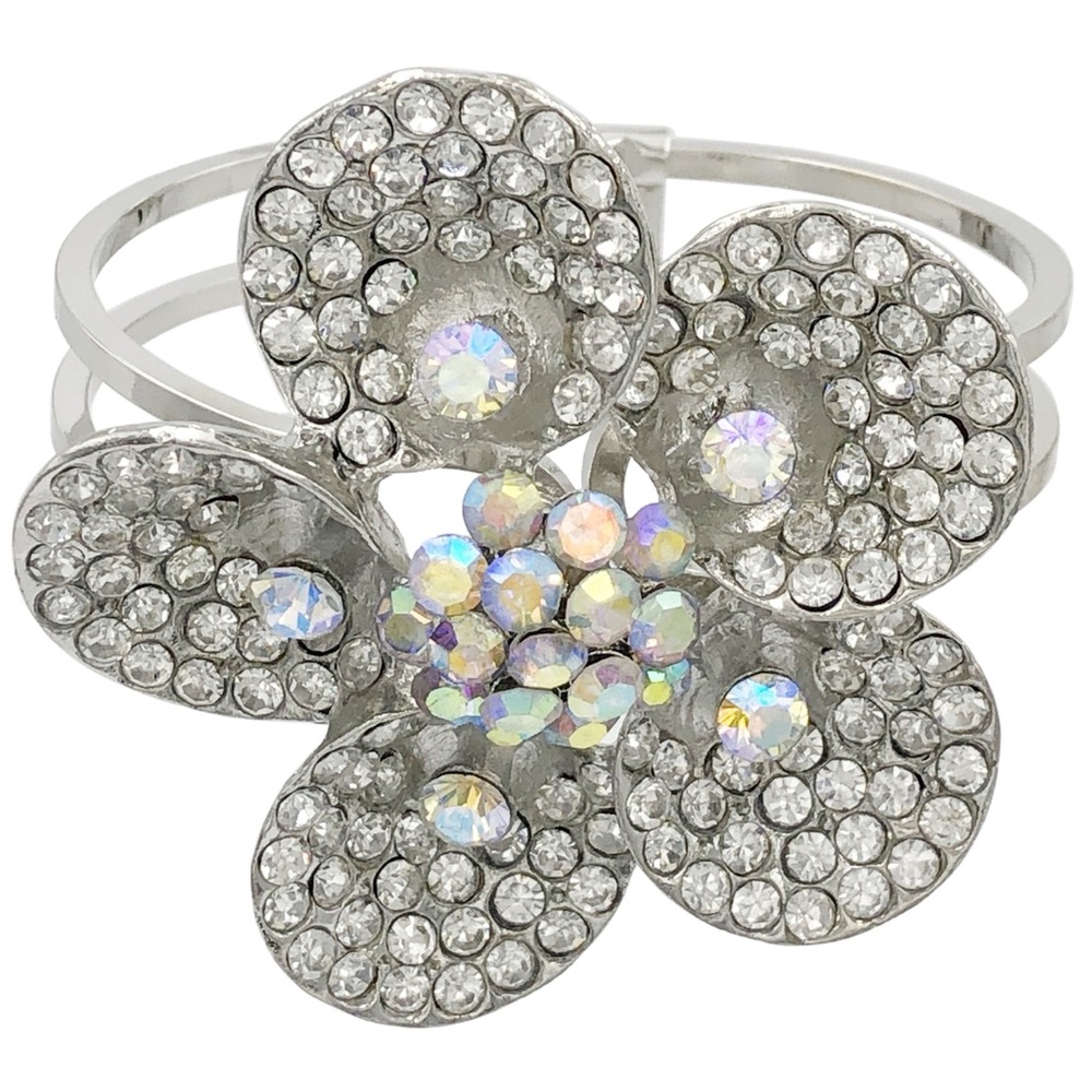 Large Clear & AB Iridescent Rhinestone Flower Silver Hinged Bangle Bracelet